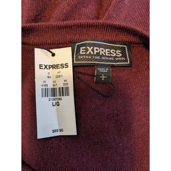 Express Extra Fine Merino Wool NEW V Neck Sweater Mens L Burgundy Pullover Knit - Picture 4 of 5